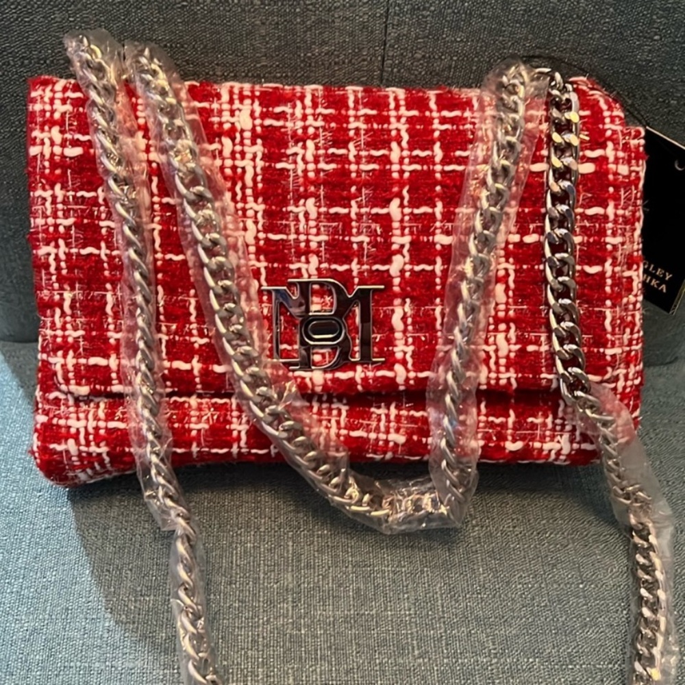 Badgley Mischka Red/White Tweed Crossbody Bag NWT